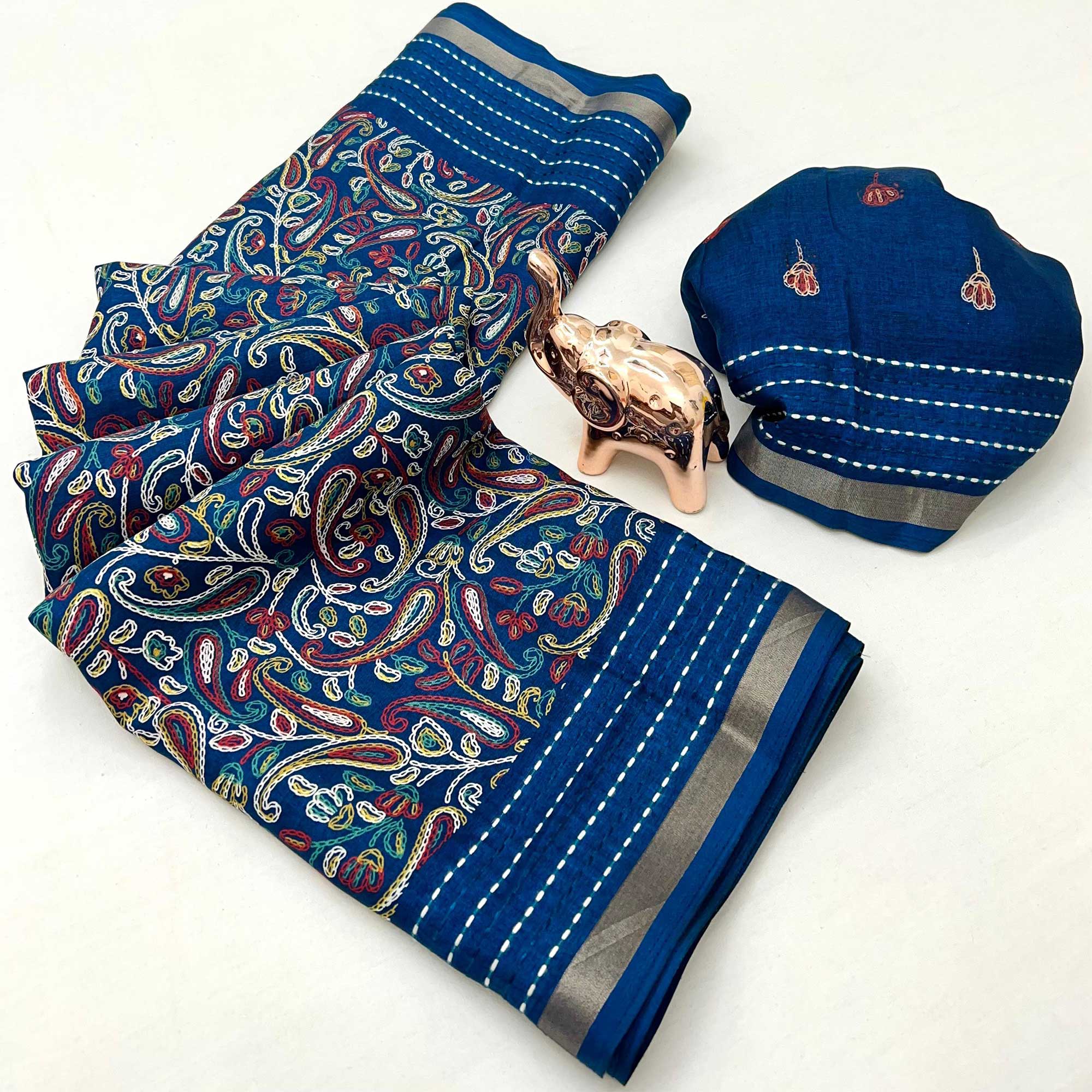 Blue Floral Print Saree In Crepe Cotton Adorned With Kantha Embroidery