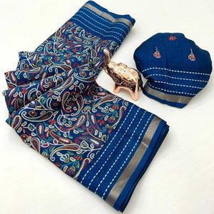 Blue Floral Print Saree In Crepe Cotton Adorned With Kantha Embroidery