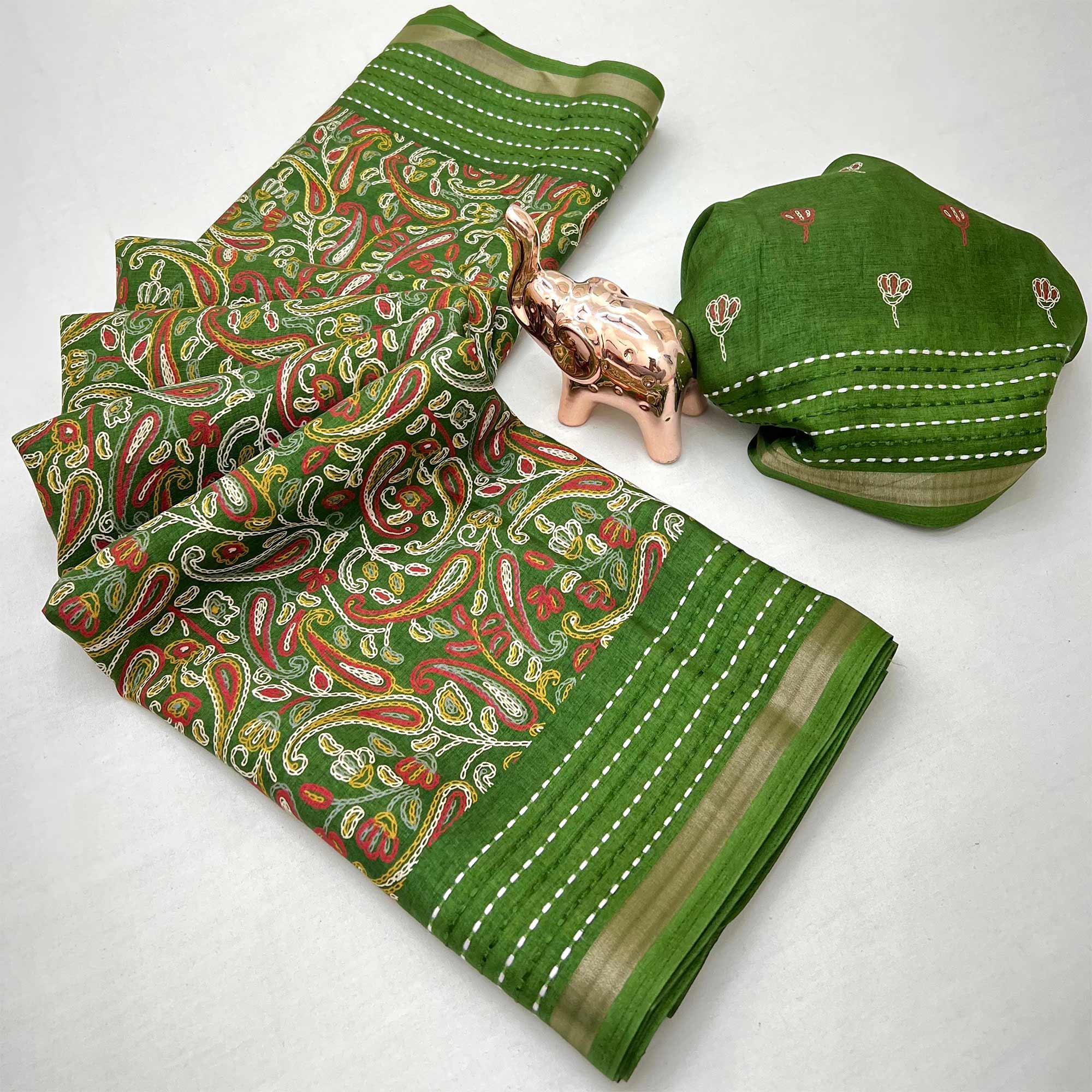 Green Floral Print Saree In Crepe Cotton Adorned With Kantha Embroidery