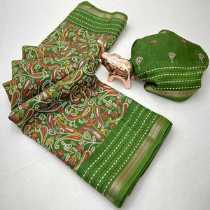 Green Floral Print Saree In Crepe Cotton Adorned With Kantha Embroidery
