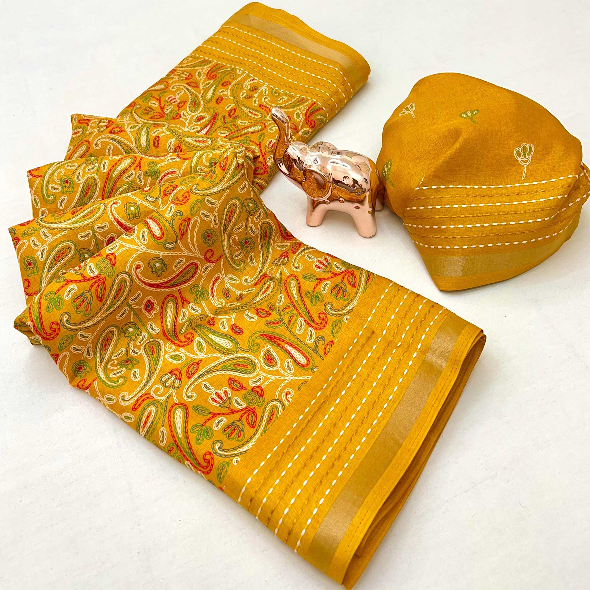 Mustard Floral Print Saree In Crepe Cotton Adorned With Kantha Embroidery