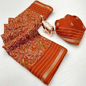 Rusty Orange Floral Print Saree In Crepe Cotton Adorned With Kantha Embroidery