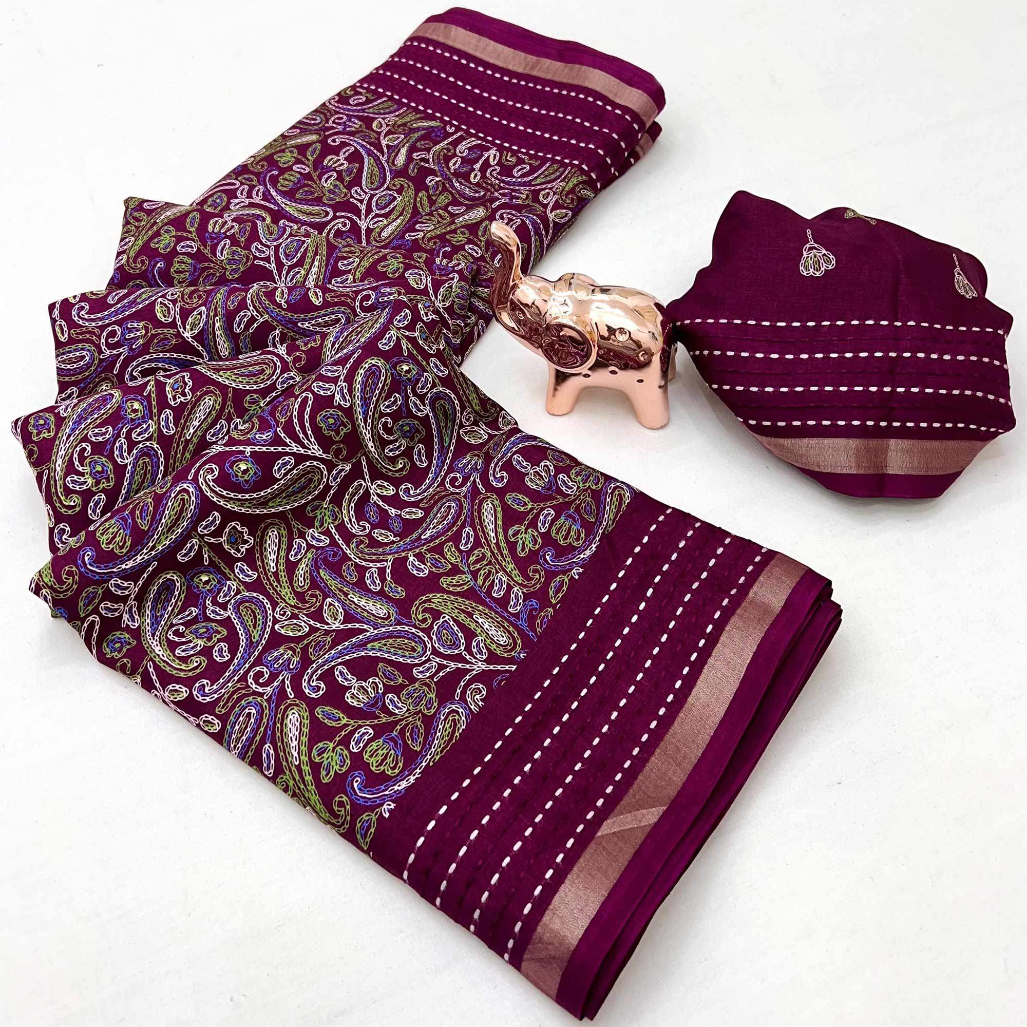 Wine Floral Print Saree In Crepe Cotton Adorned With Kantha Embroidery