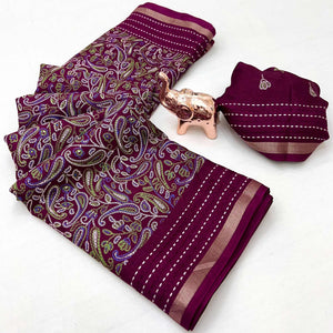 Wine Floral Print Saree In Crepe Cotton Adorned With Kantha Embroidery