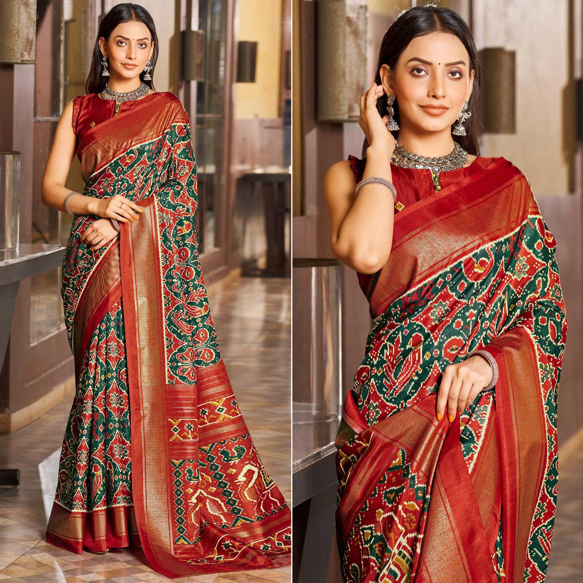 Green & Red Patola Printed Viscose Saree With Zari Border