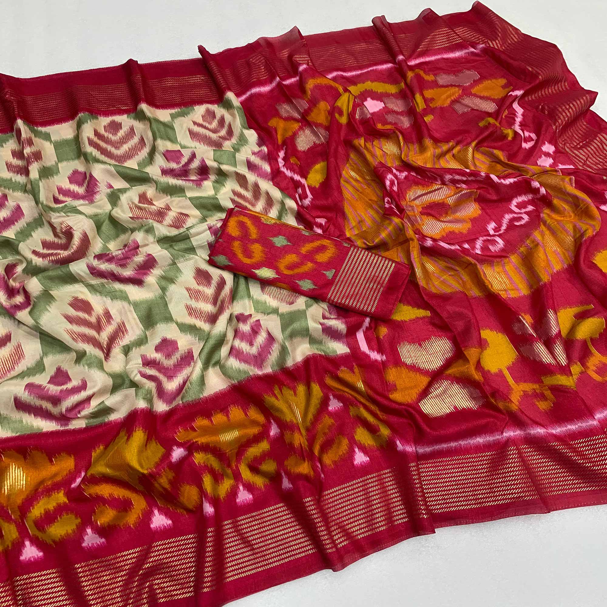 Off White & Pink Patola Printed Viscose Saree With Zari Border