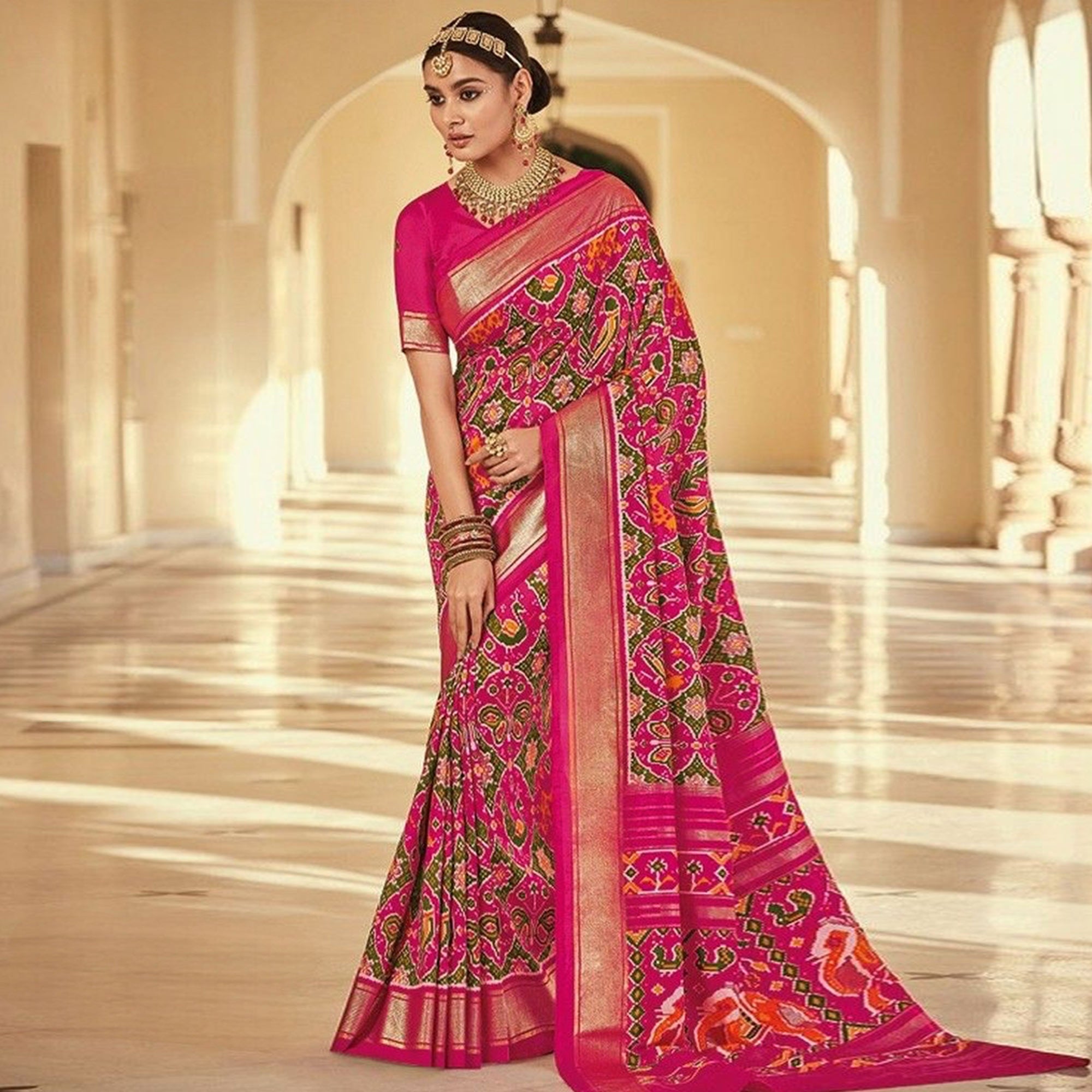 Pink & Green Patola Printed Viscose Saree With Zari Border