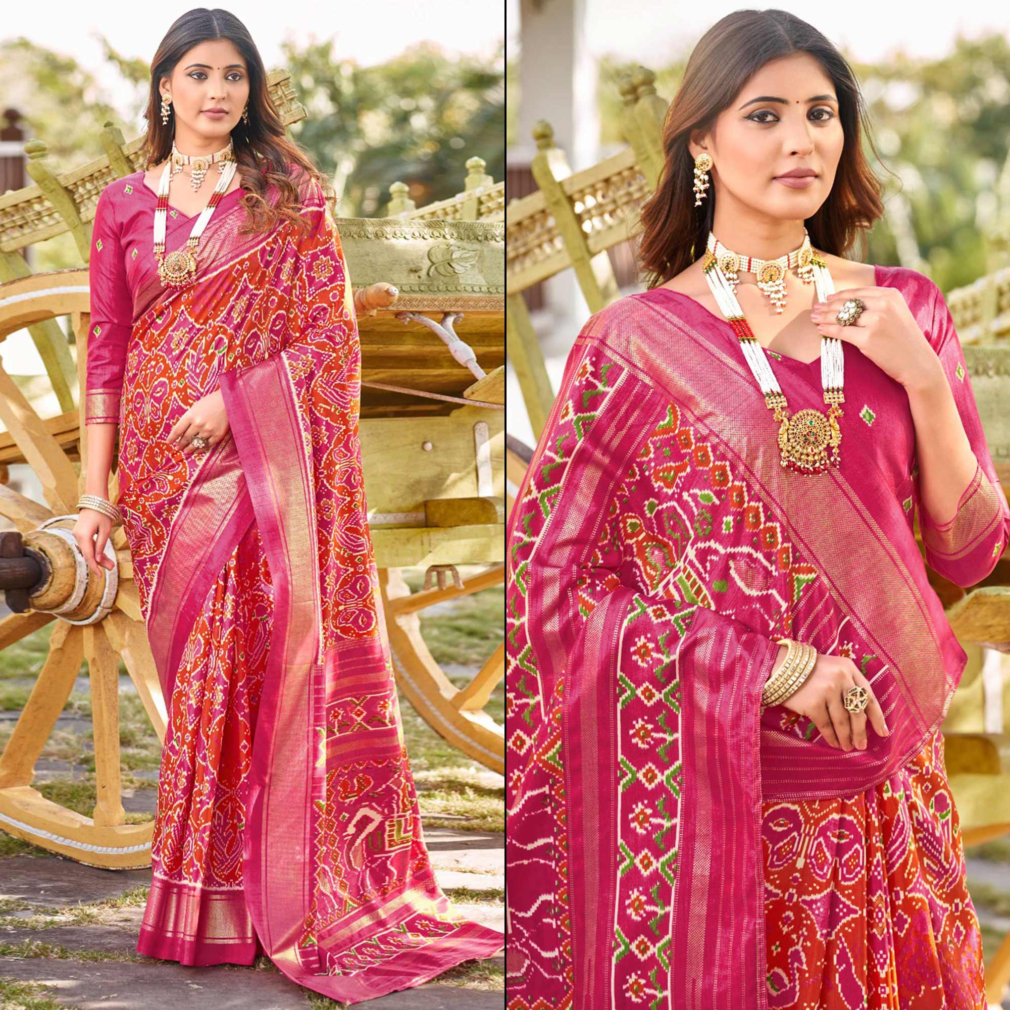 Pink & Orange Patola Printed Viscose Saree With Zari Border