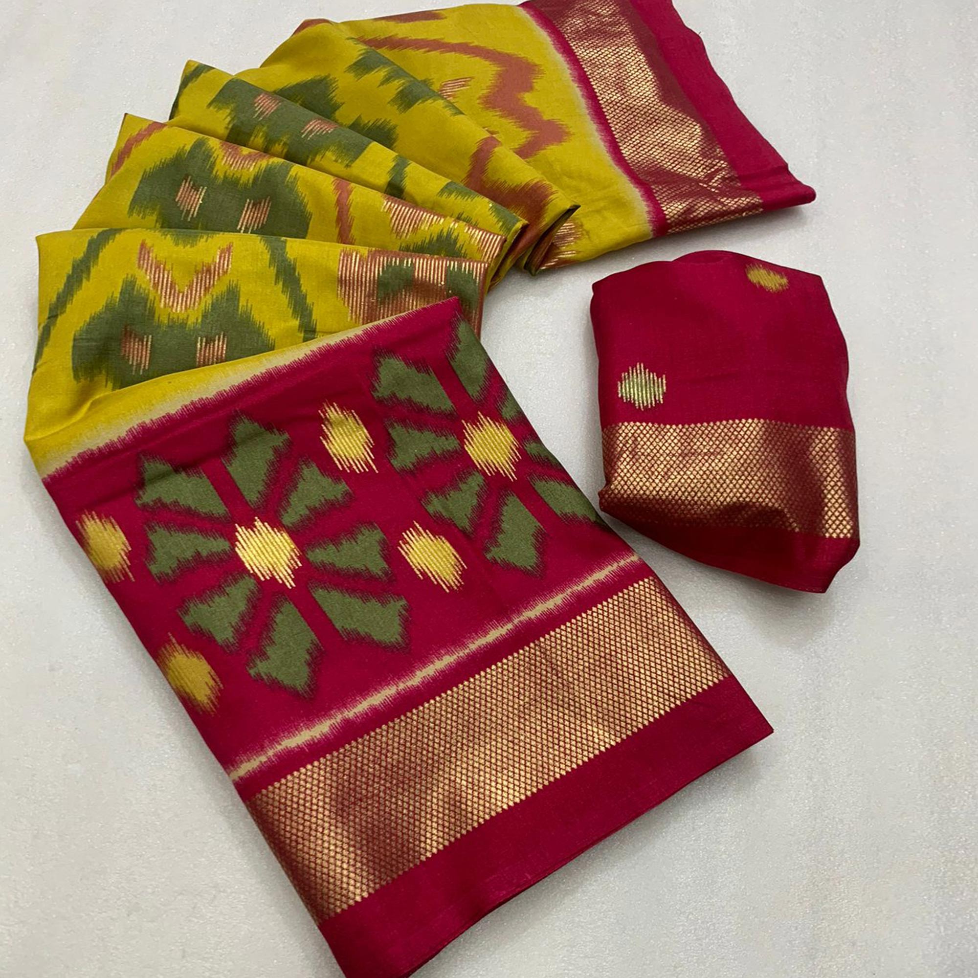 Green & Rani Pink Ikkat Foil Printed Dola Silk Saree