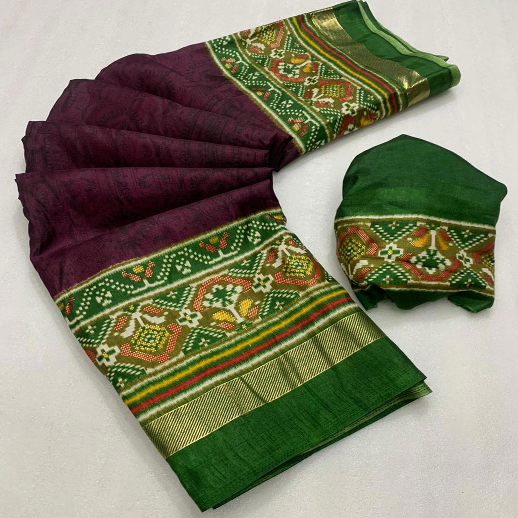 Purple & Green Ikkat Foil Printed Dola Silk Saree