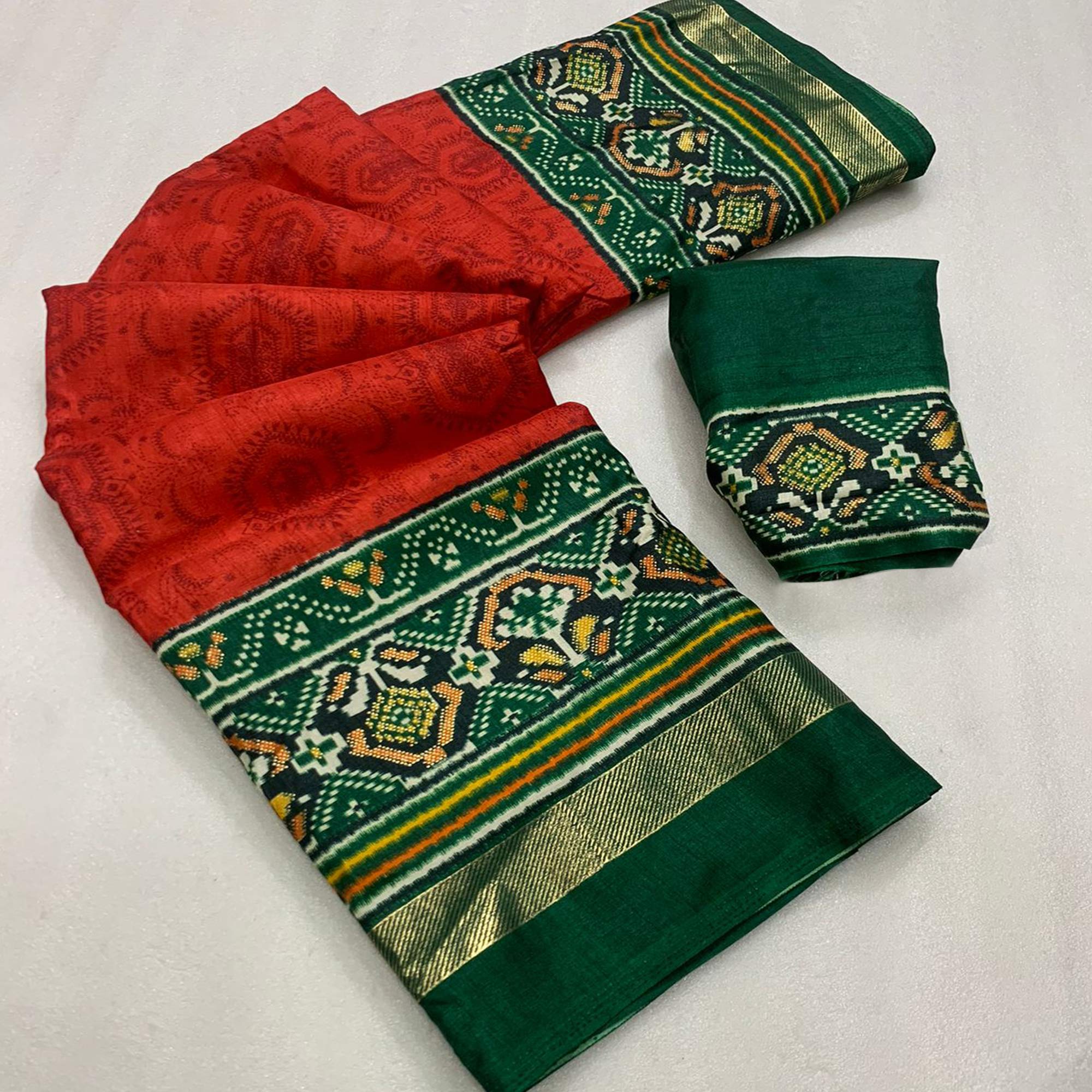 Red & Green Ikkat Foil Printed Dola Silk Saree