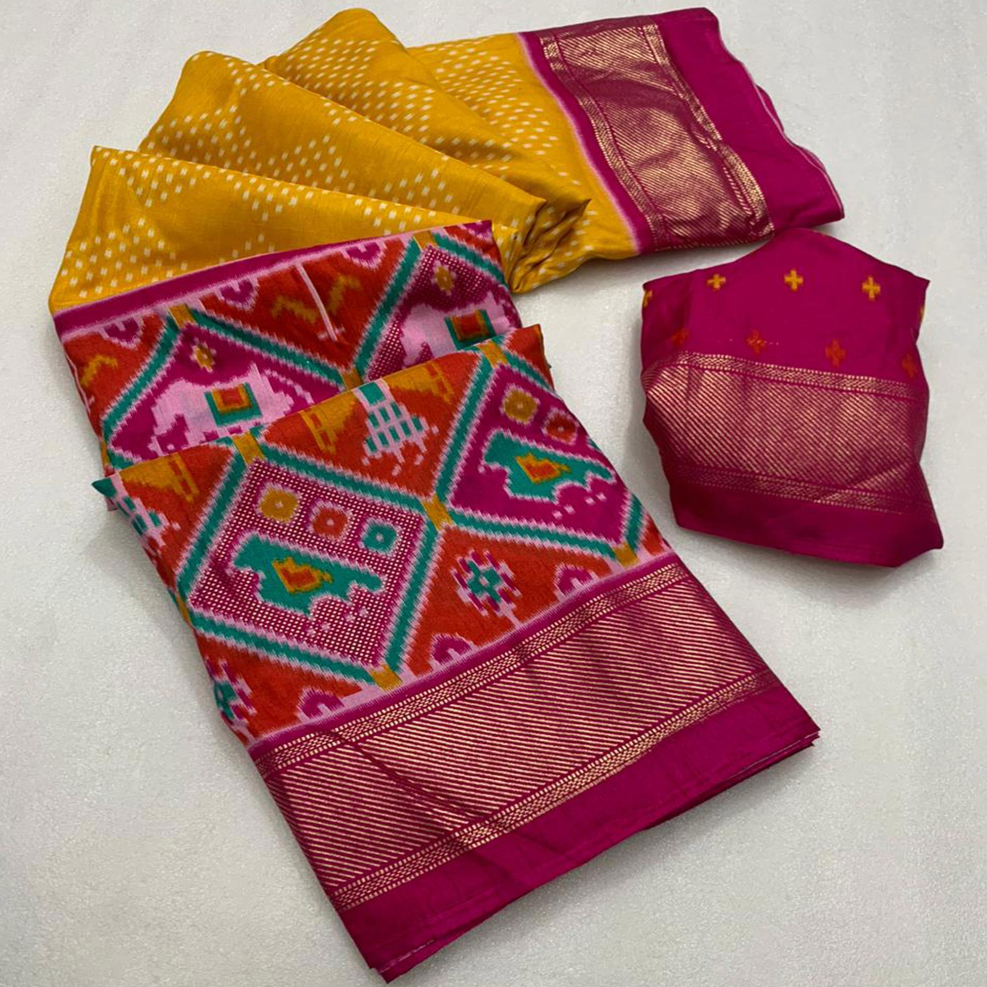 Yellow & Pink Ikkat Foil Printed Dola Silk Saree