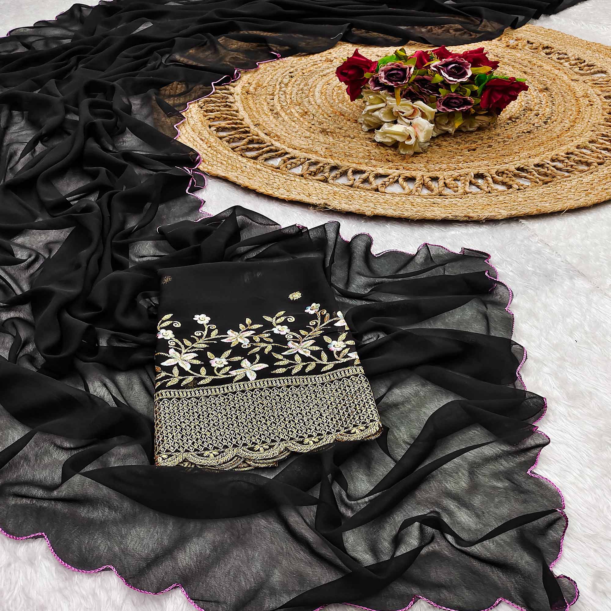 Black Solid Georgette Saree With Embroidered Border