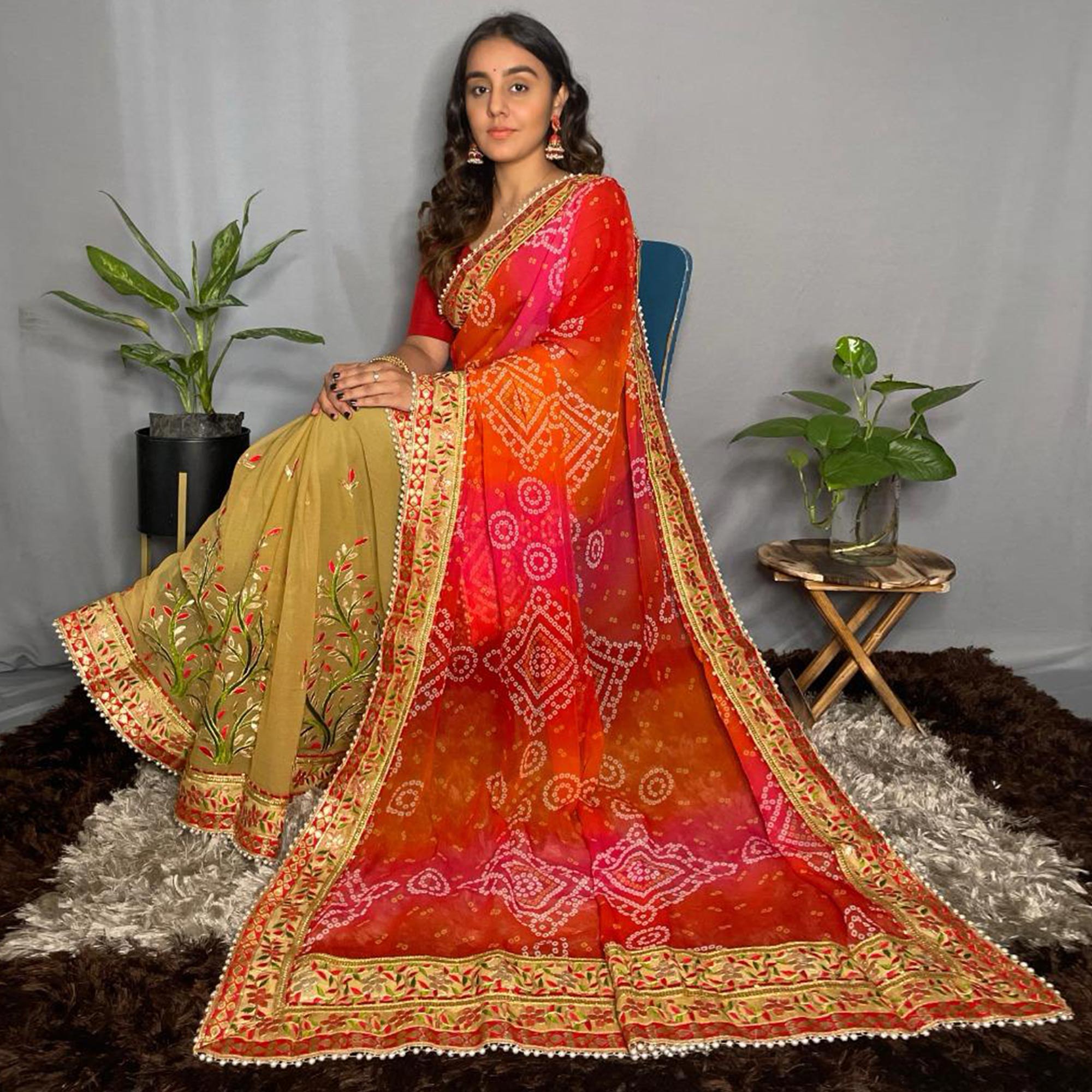 Mustard & Pink Bandhani Printed Chiffon Half & Half Saree