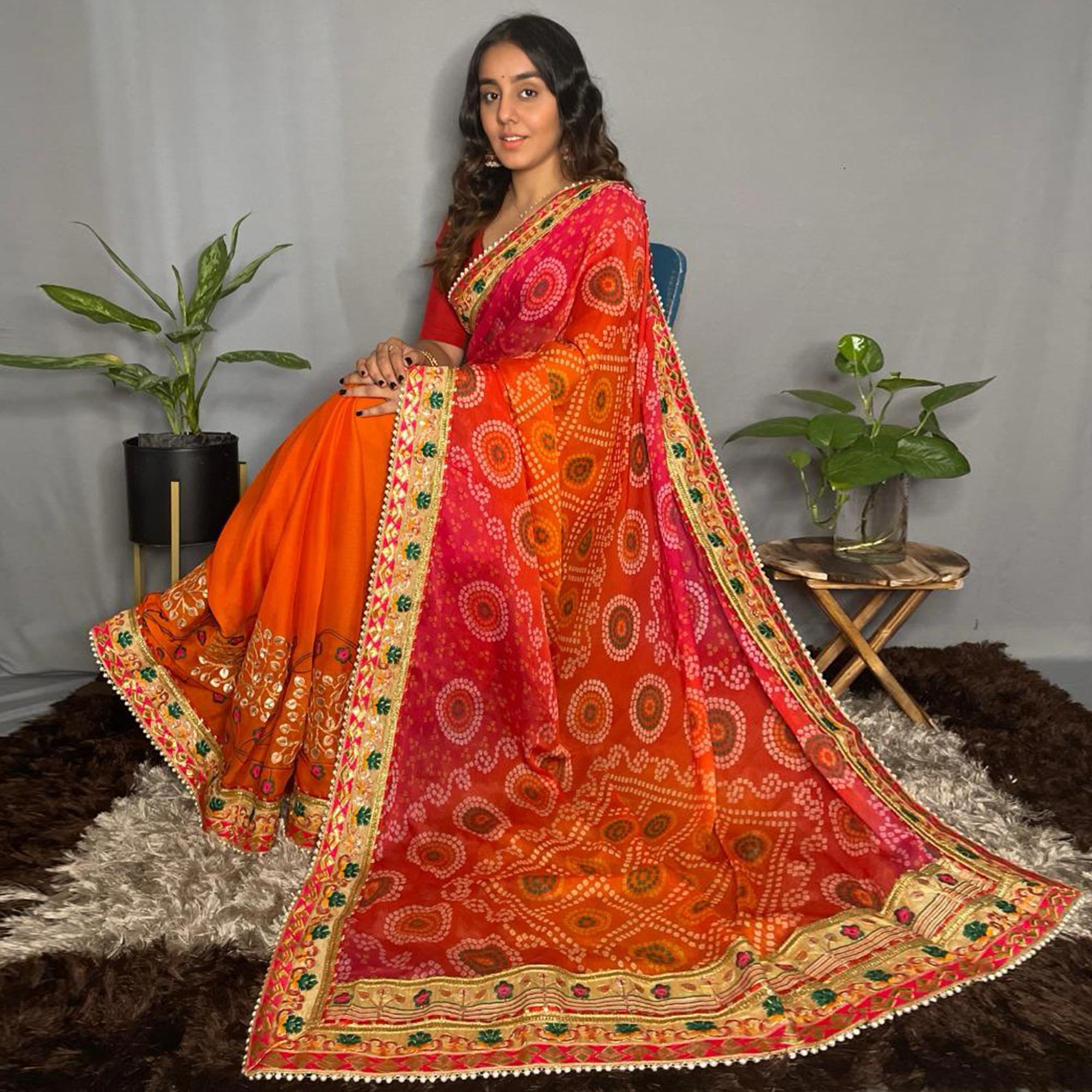 Orange & Rani Pink Bandhani Printed Chiffon Half & Half Saree