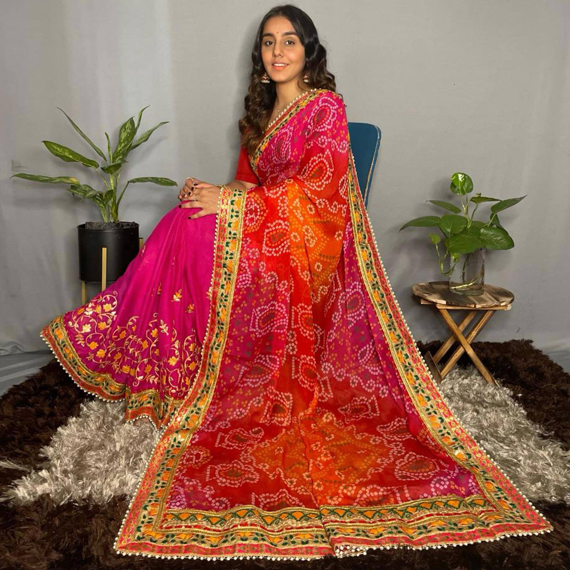 Rani Pink & Orange Bandhani Printed Chiffon Half & Half Saree