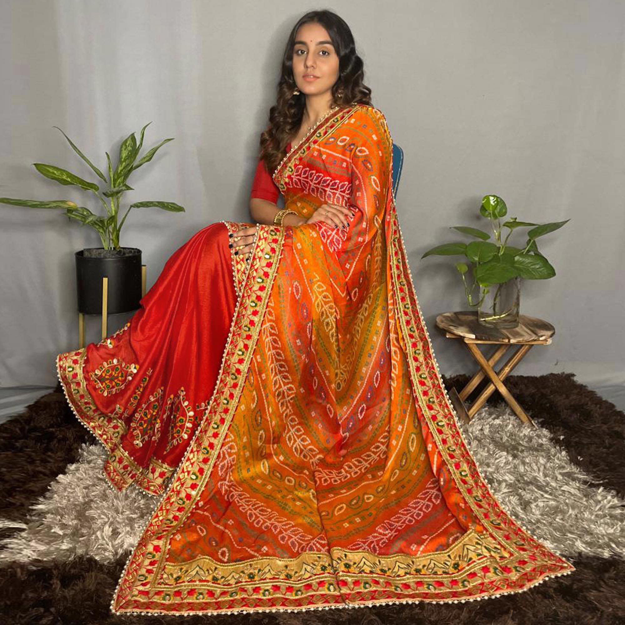 Red & Orange Bandhani Printed Chiffon Half & Half Saree