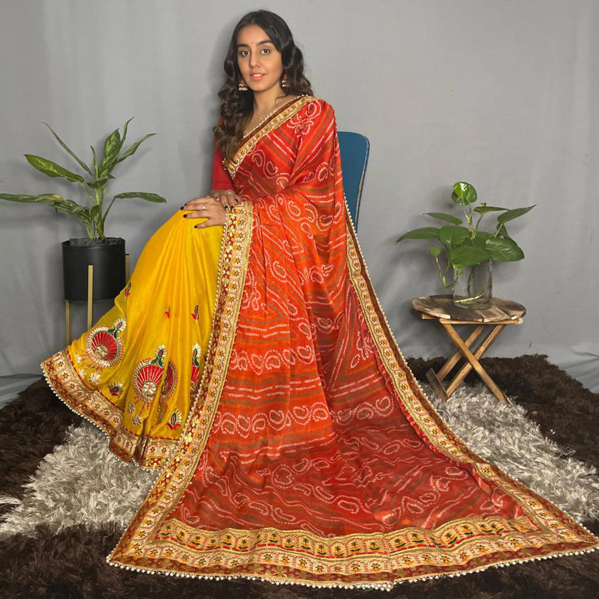 Yellow & Orange Bandhani Printed Chiffon Half & Half Saree