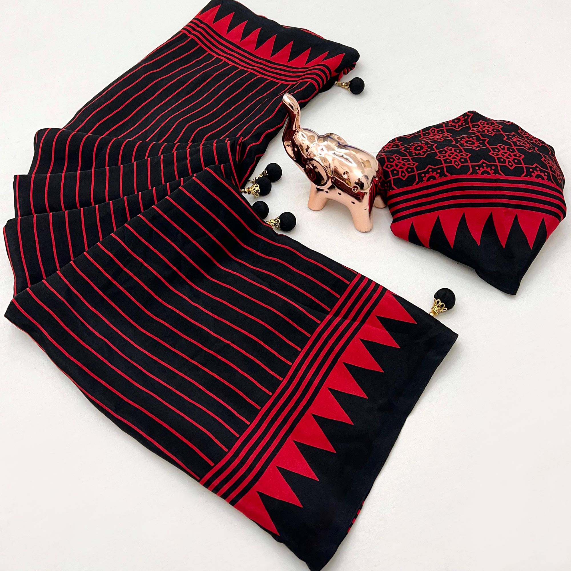 Black Satin Saree with All-Over Striped Print Partywear Essential