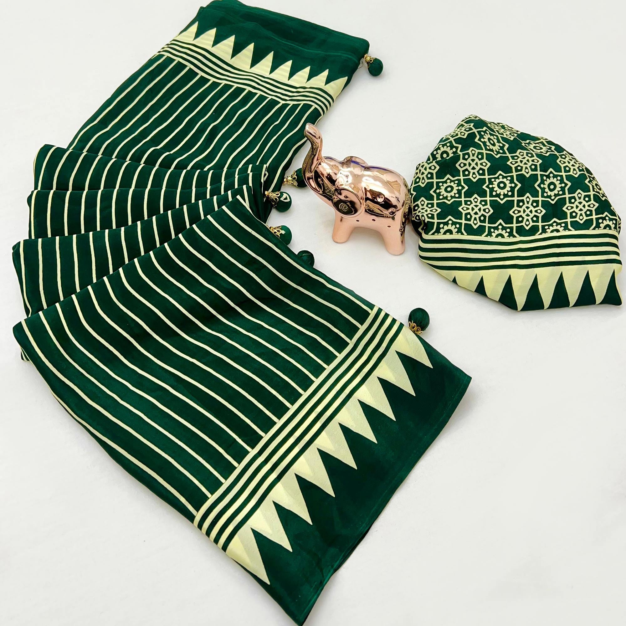 Green Satin Saree with All-Over Striped Print Partywear Essential
