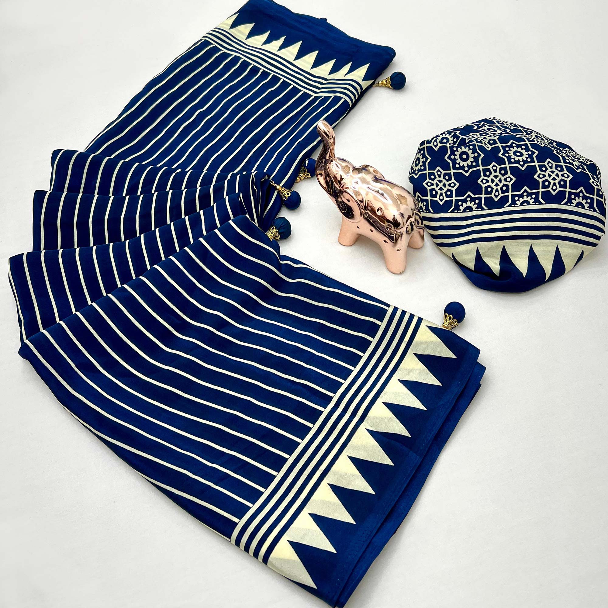 Navy Blue Satin Saree with All-Over Striped Print Partywear Essential