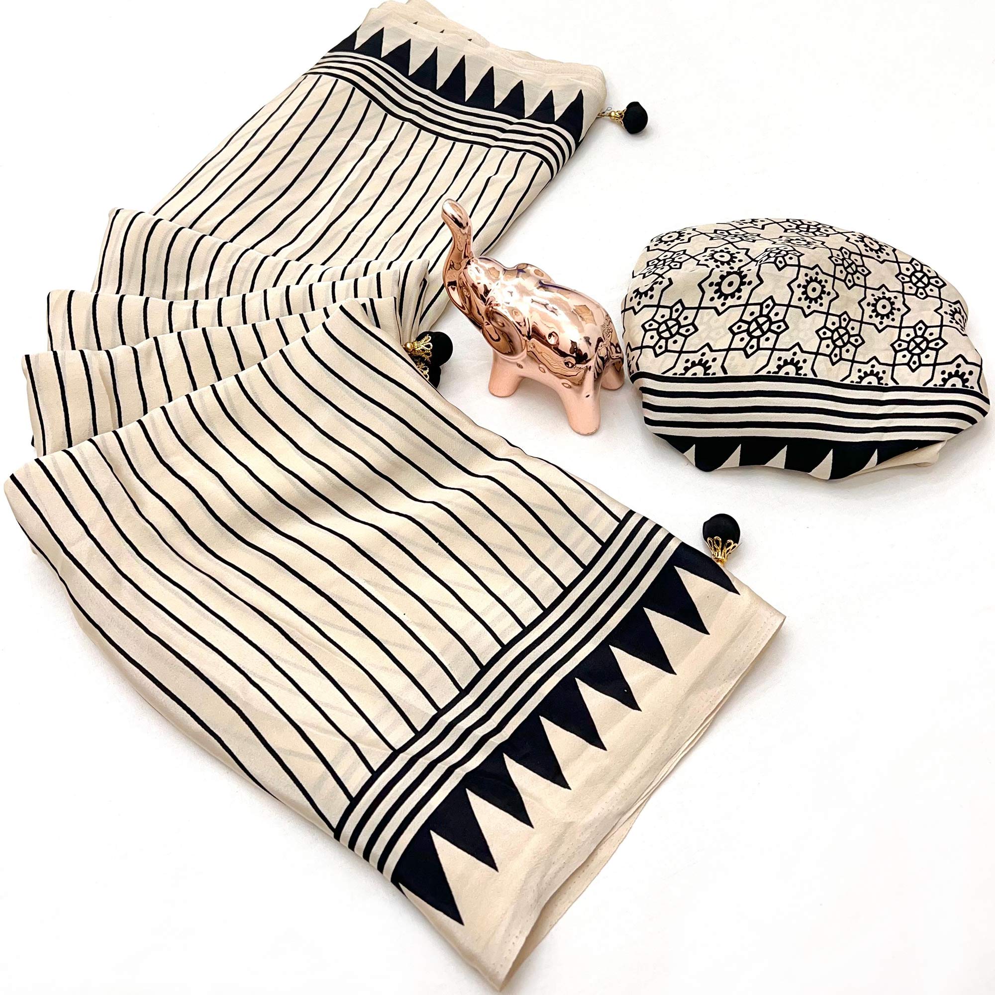 Off White Satin Saree with All-Over Striped Print Partywear Essential