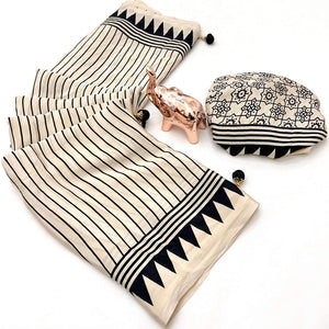 Off White Satin Saree with All-Over Striped Print Partywear Essential