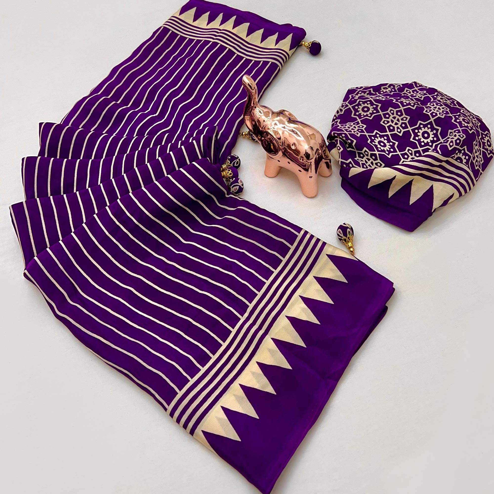 Purple Satin Saree with All-Over Striped Print Partywear Essential