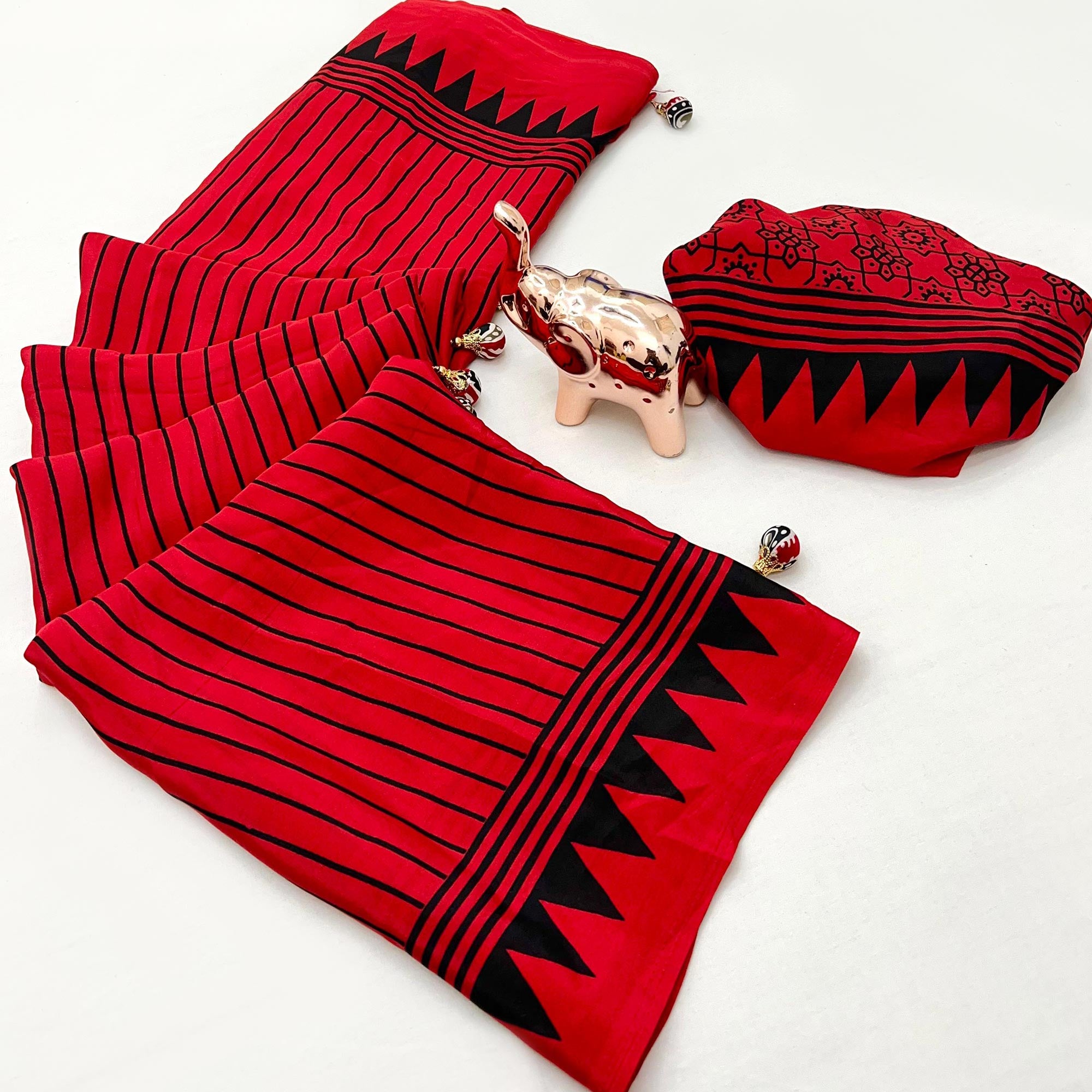 Red Satin Saree with All-Over Striped Print Partywear Essential