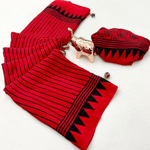 Red Satin Saree with All-Over Striped Print Partywear Essential