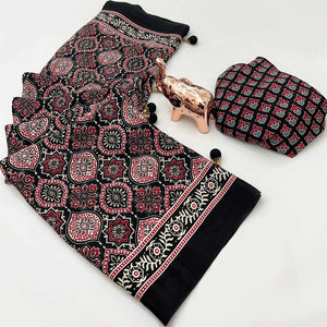 Black Beauty Pure Satin Saree with Ajrakh Print Detailing