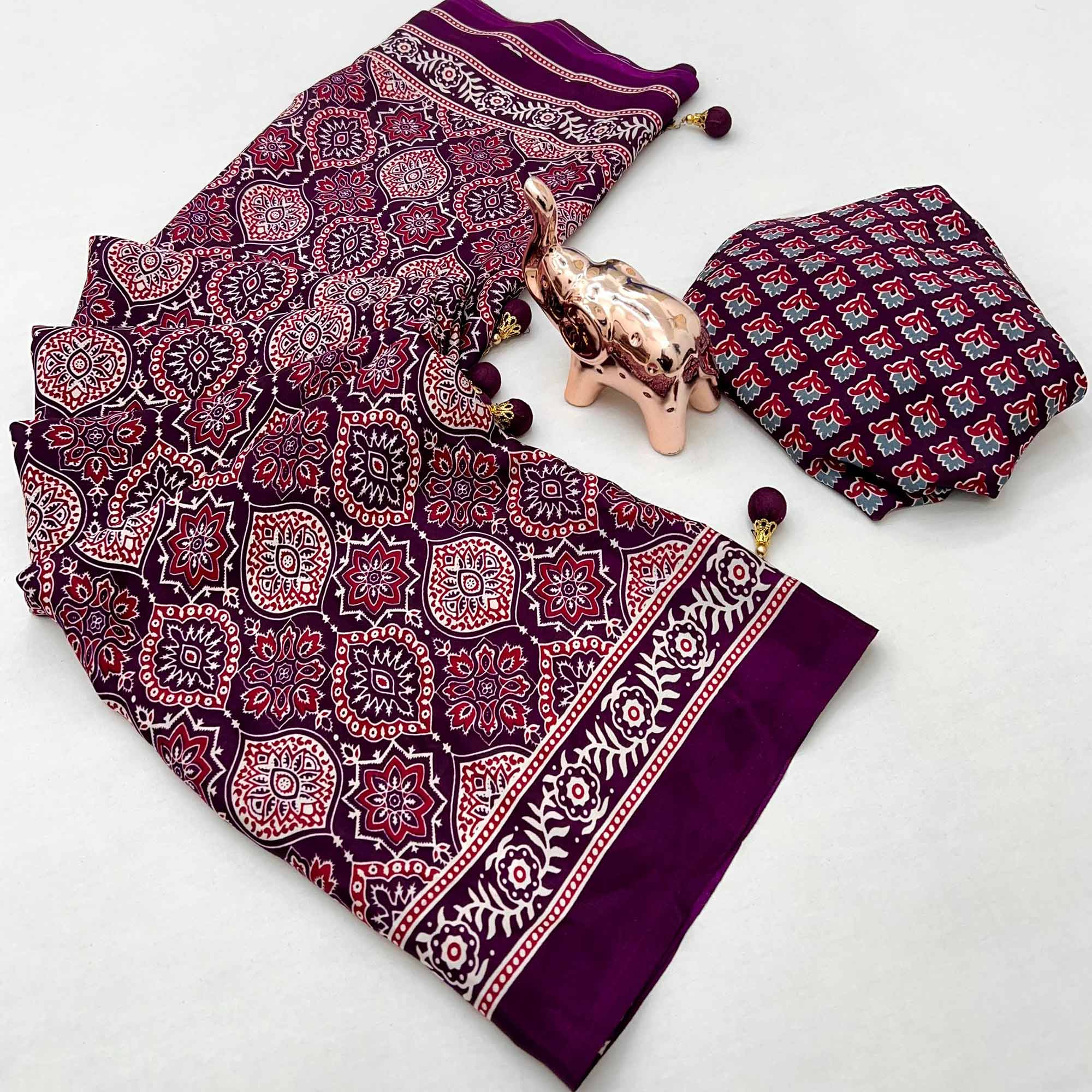 Purple Beauty Pure Satin Saree with Ajrakh Print Detailing