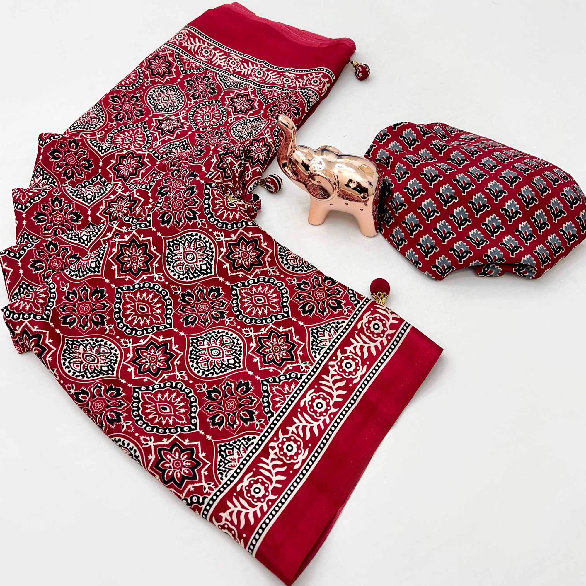 Red Beauty Pure Satin Saree with Ajrakh Print Detailing
