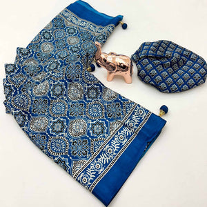 Teal Beauty Pure Satin Saree with Ajrakh Print Detailing
