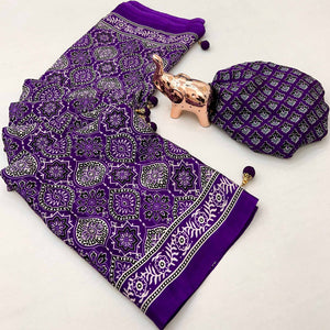 Violet Beauty Pure Satin Saree with Ajrakh Print Detailing