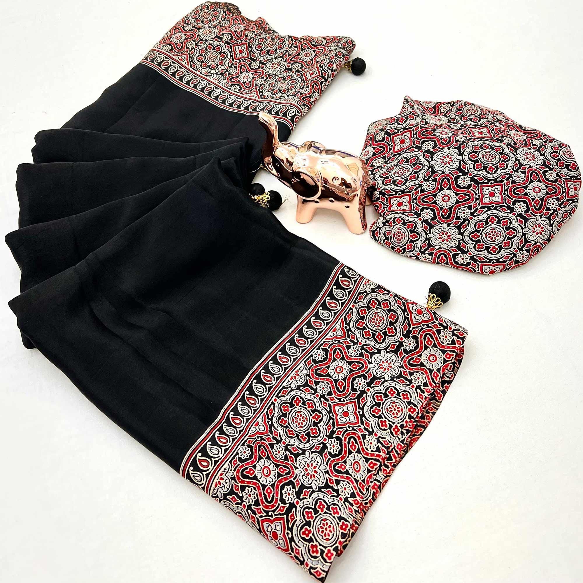 Black Satin Saree Showcasing Rich Ajrakh Printed Design & Tassel Finished Pallu