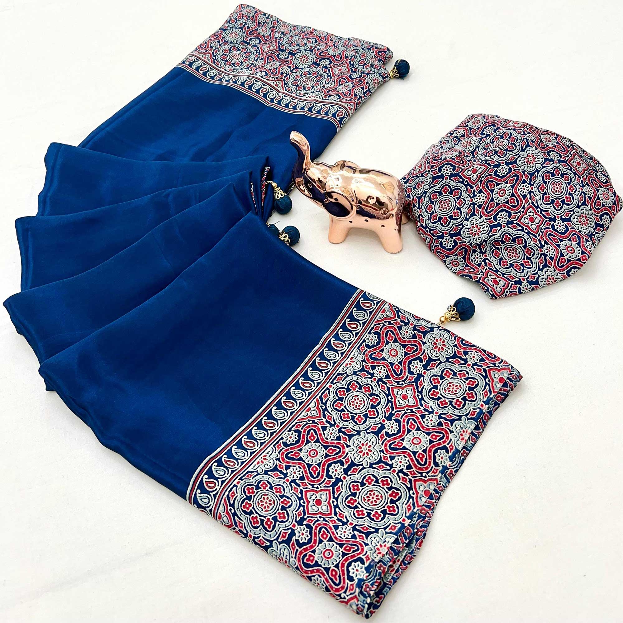 Blue Satin Saree Showcasing Rich Ajrakh Printed Design & Tassel Finished Pallu