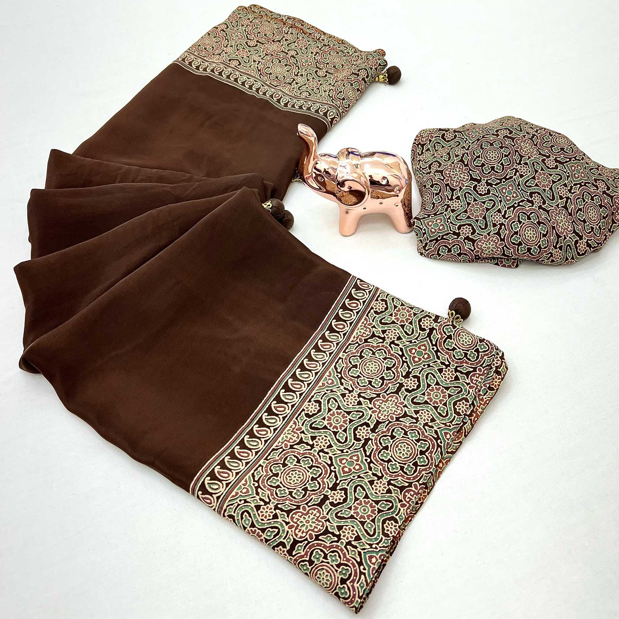Brown Satin Saree Showcasing Rich Ajrakh Printed Design & Tassel Finished Pallu