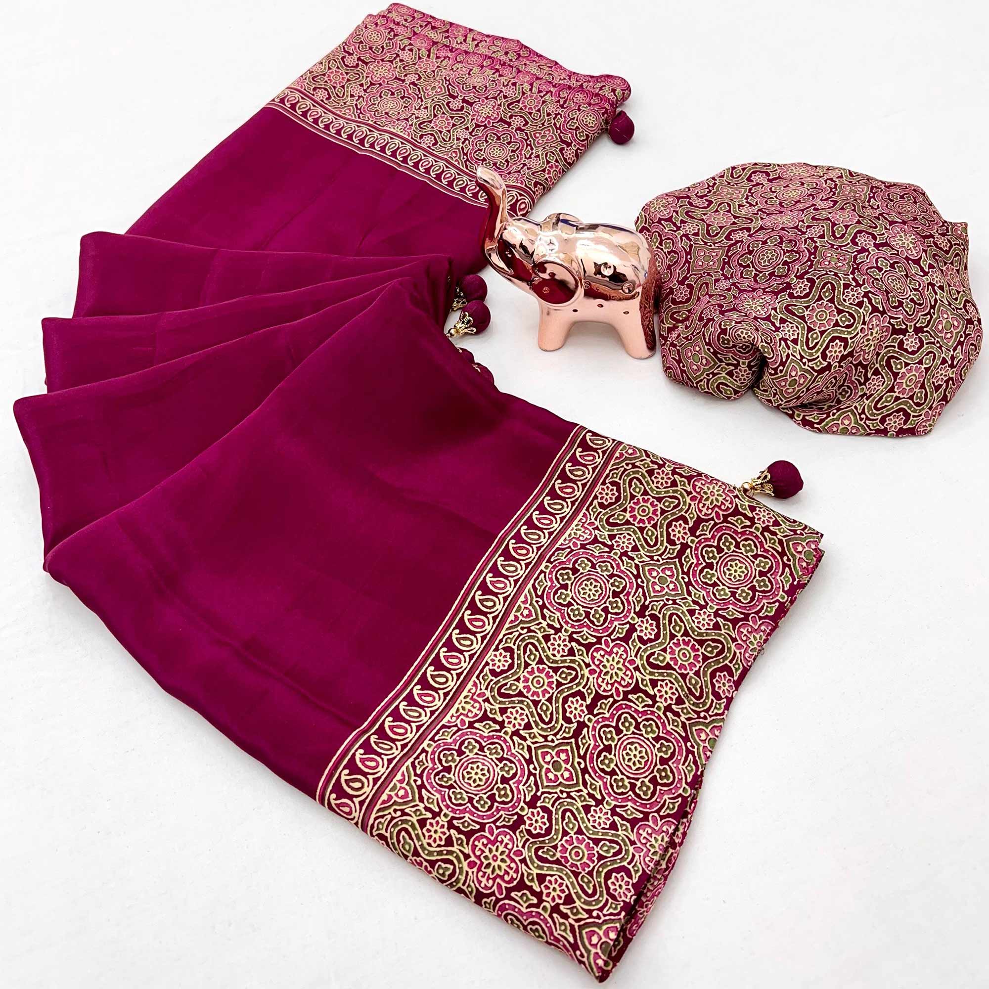Pink Satin Saree Showcasing Rich Ajrakh Printed Design & Tassel Finished Pallu