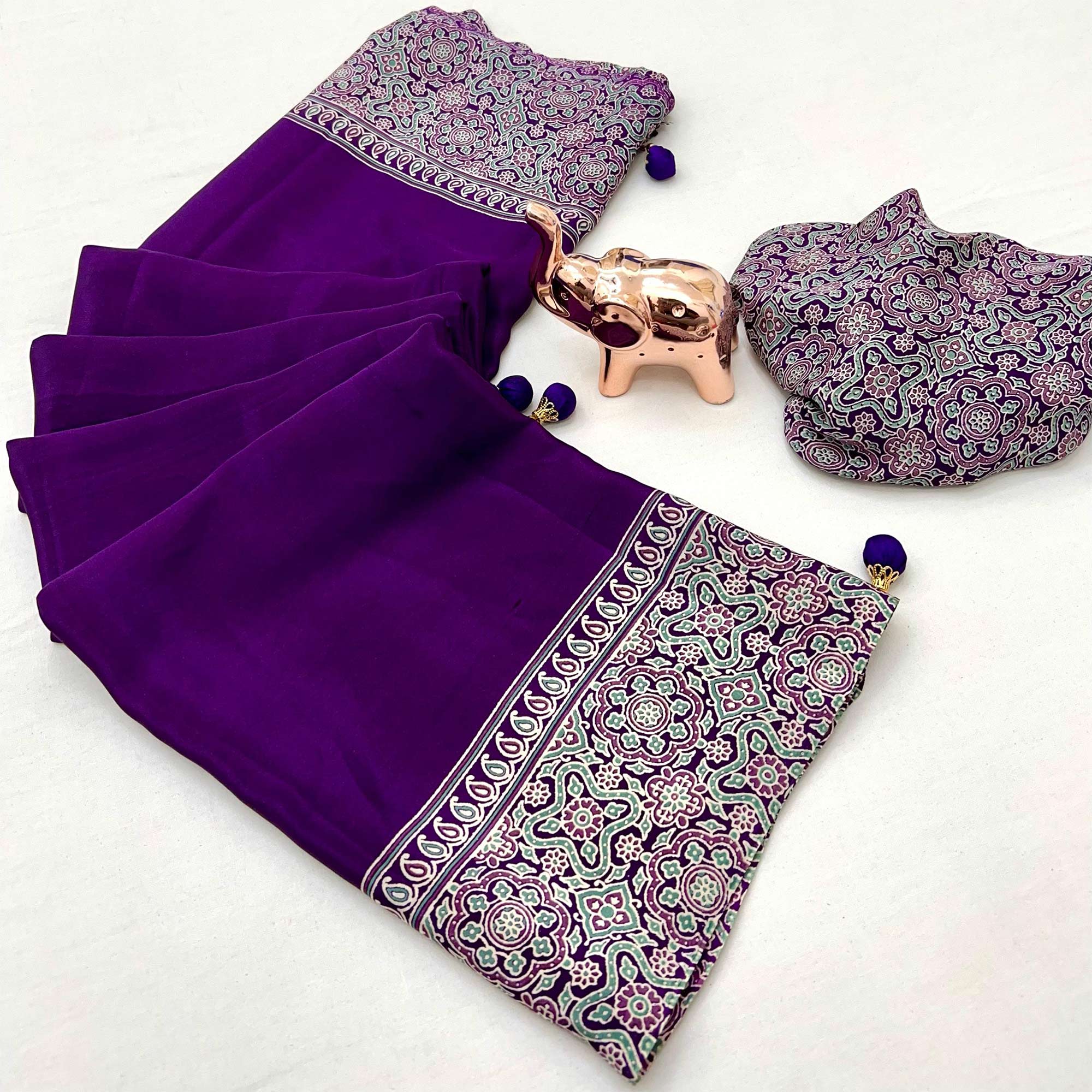Purple Satin Saree Showcasing Rich Ajrakh Printed Design & Tassel Finished Pallu