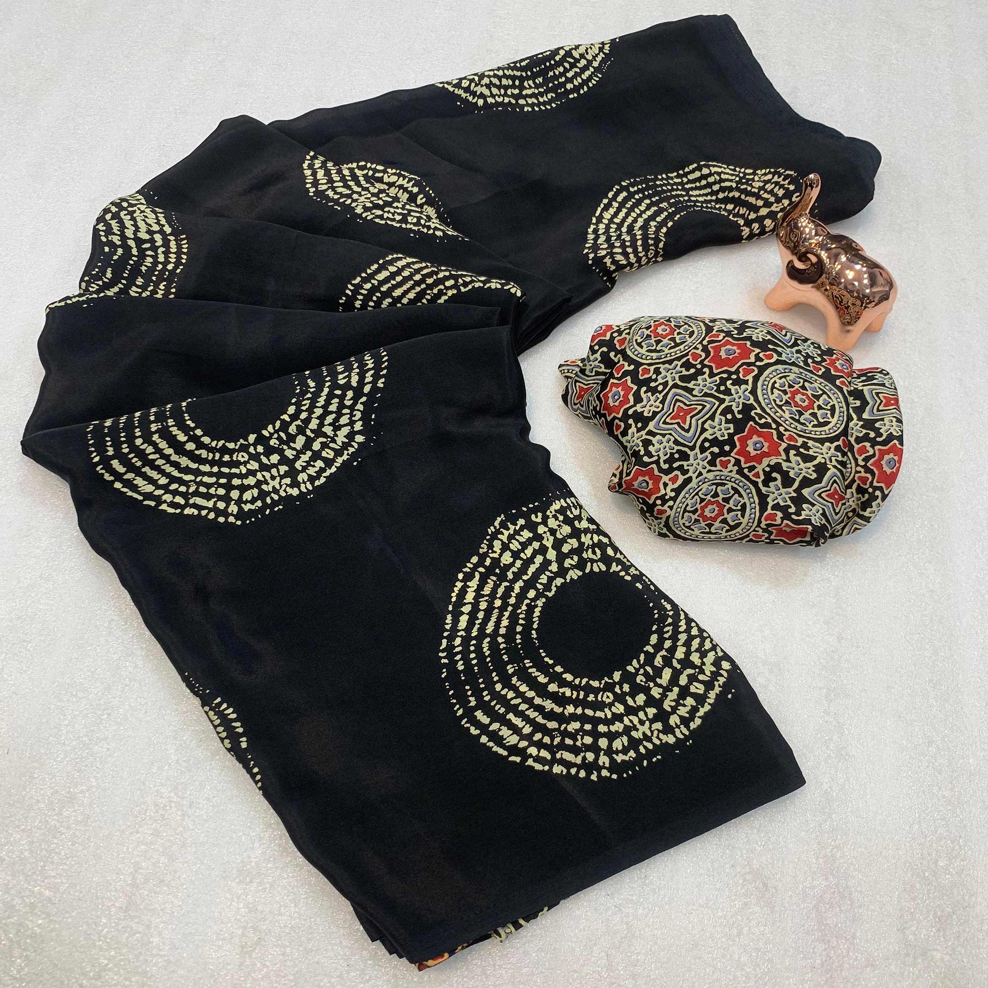 Black Satin Saree Adorned With Authentic Ajrakh Print & Stylish Tassel Pallu