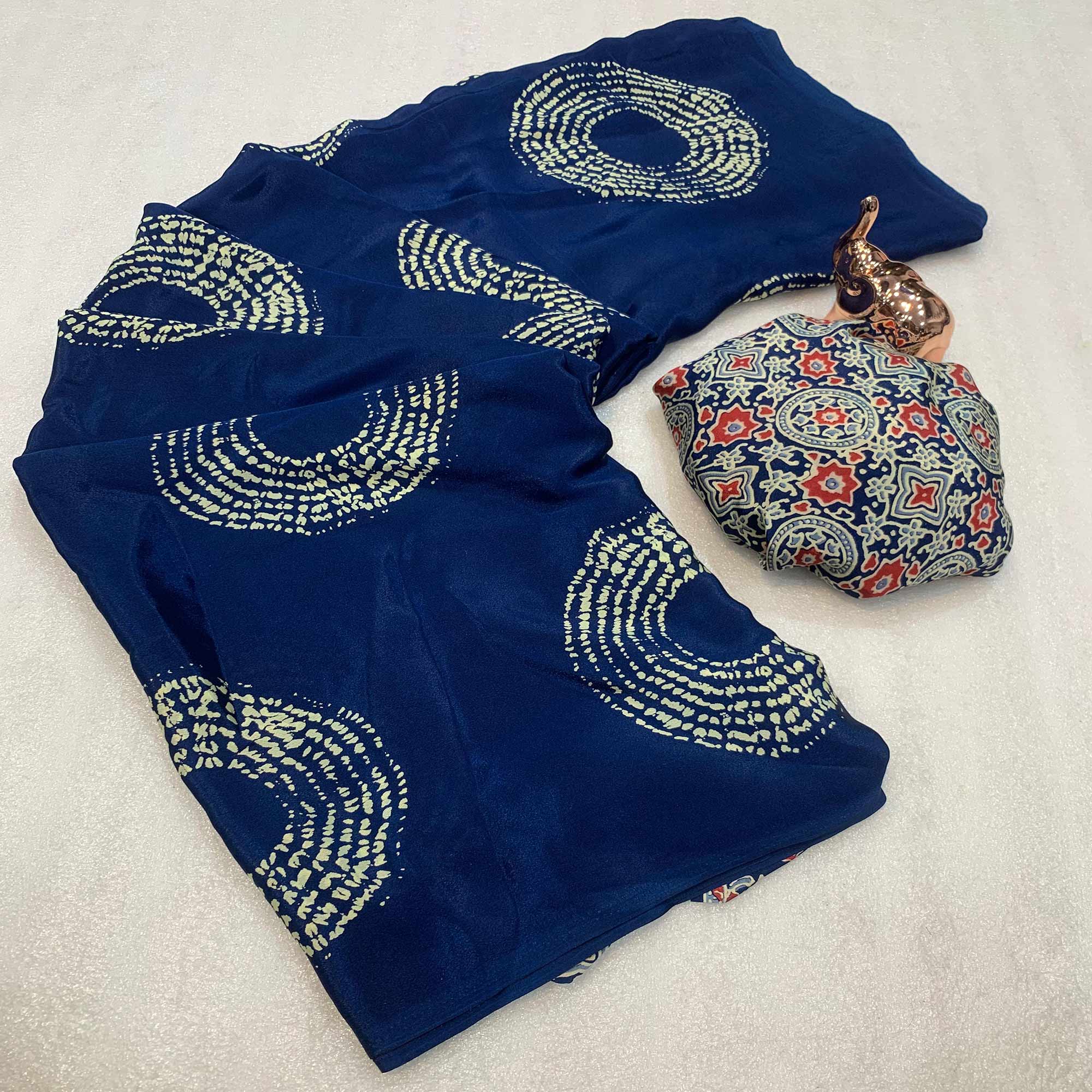 Blue Satin Saree Adorned With Authentic Ajrakh Print & Stylish Tassel Pallu