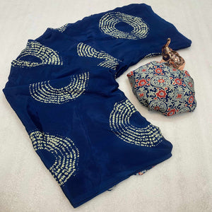 Blue Satin Saree Adorned With Authentic Ajrakh Print & Stylish Tassel Pallu