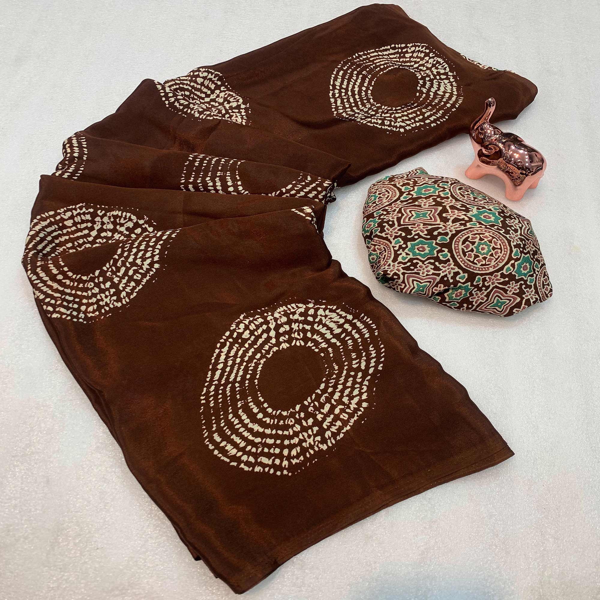 Brown Satin Saree Adorned With Authentic Ajrakh Print & Stylish Tassel Pallu
