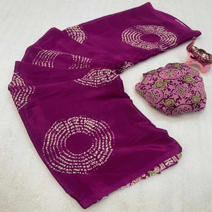Dark Magenta Satin Saree Adorned With Authentic Ajrakh Print & Stylish Tassel Pallu