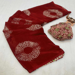 Maroon Satin Saree Adorned With Authentic Ajrakh Print & Stylish Tassel Pallu