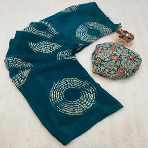 Teal Satin Saree Adorned With Authentic Ajrakh Print & Stylish Tassel Pallu