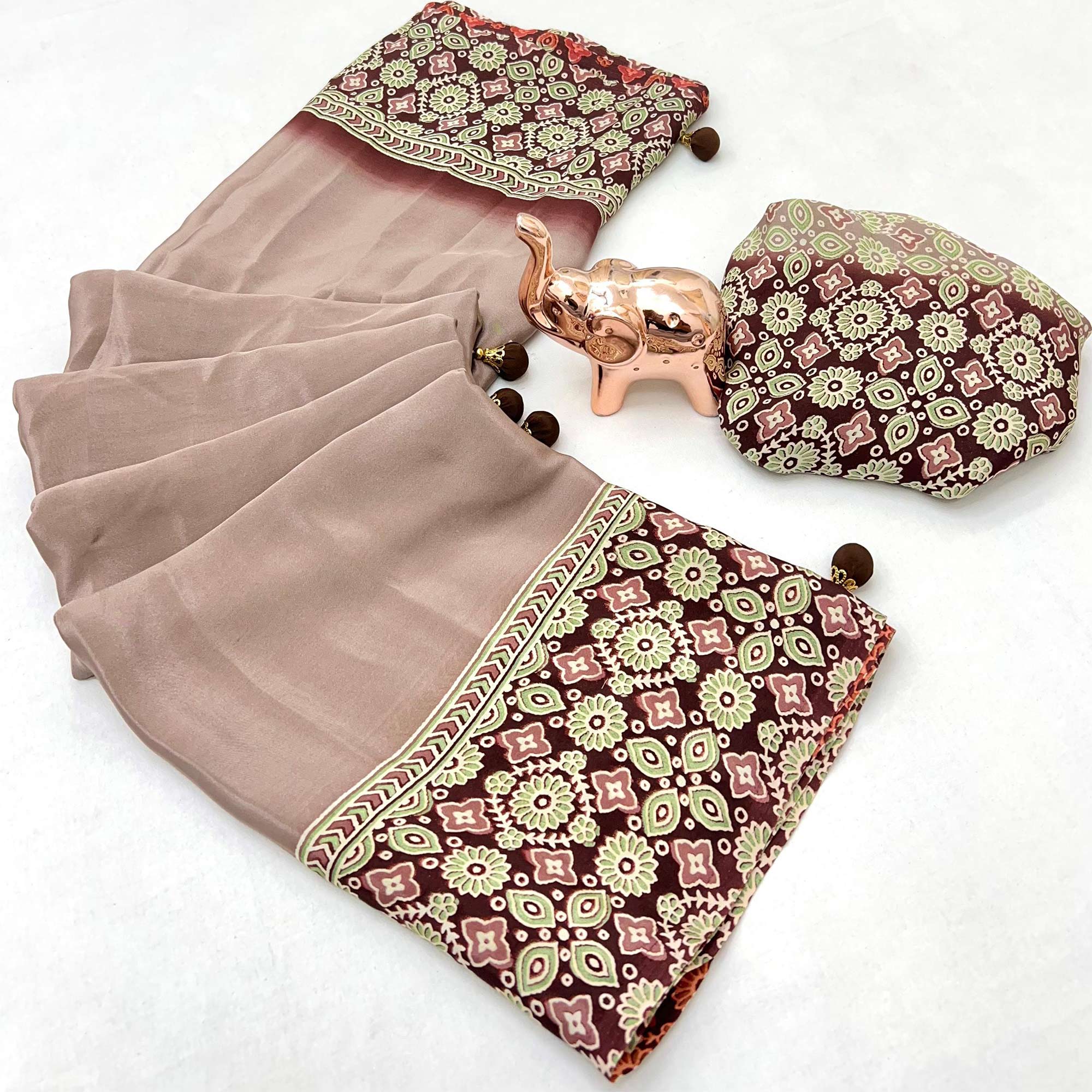 Taupe Solid Satin Saree Featuring Bold Ajrakh Print and Tassel Accented Pallu