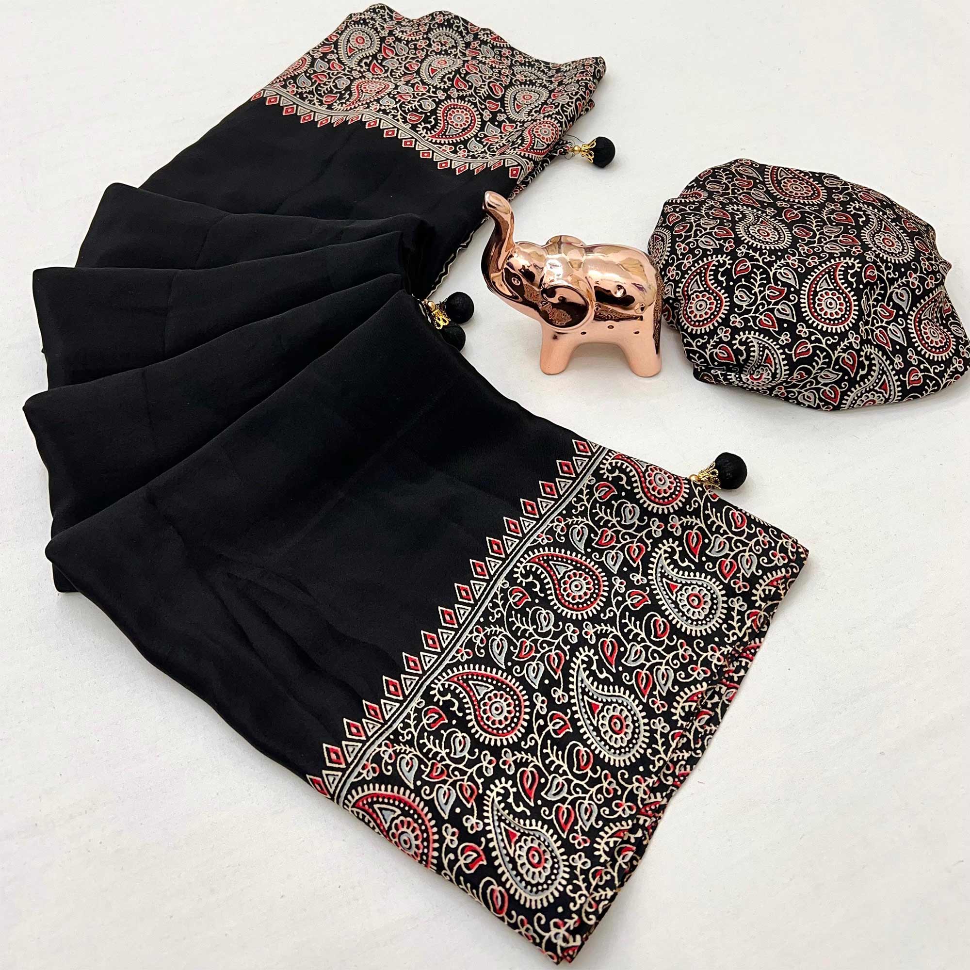 Black Satin Saree In Ajrakh Floral Print With Tassel Adorned Pallu