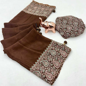Brown Satin Saree In Ajrakh Floral Print With Tassel Adorned Pallu